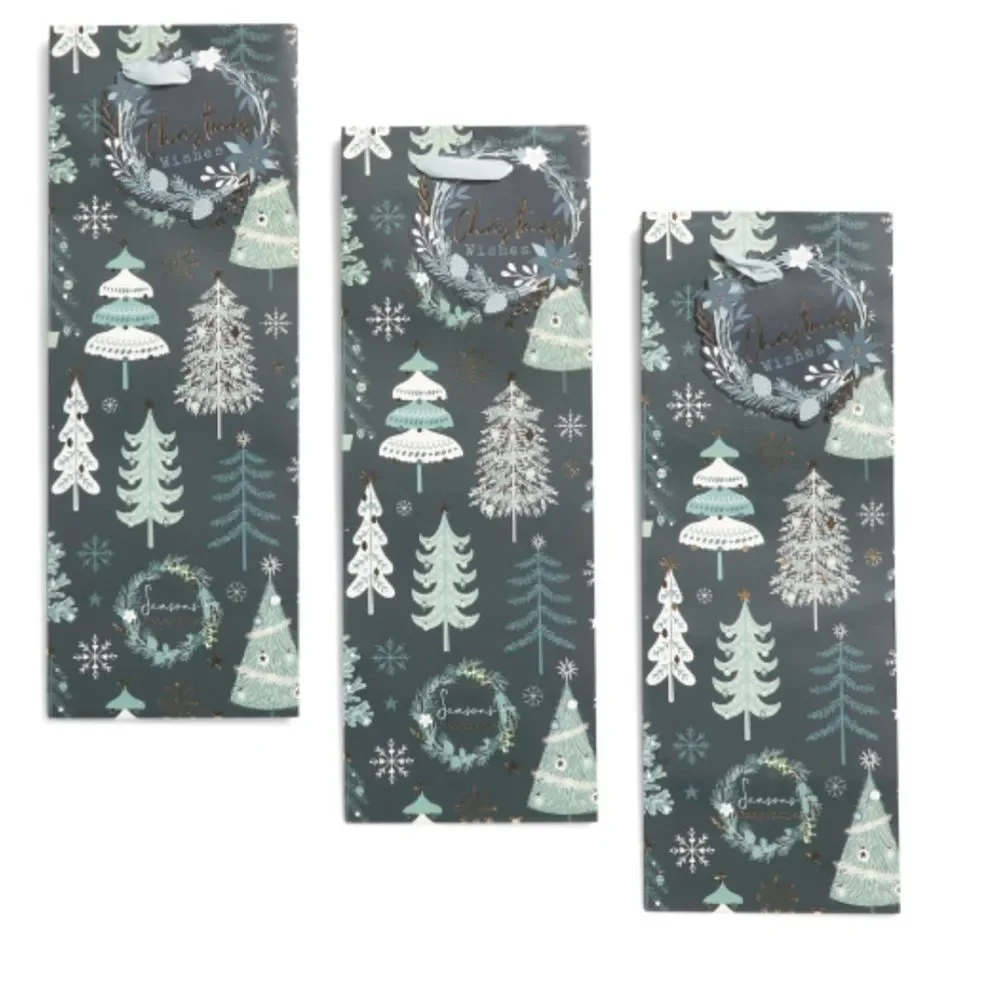 Green Paper Christmas Tree Print Holiday Gift Wine Bags 3 pk Green White Gold